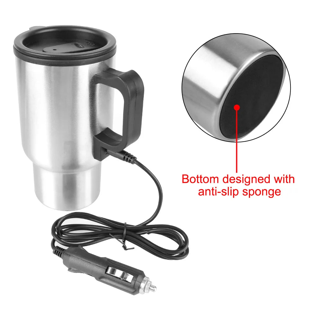 12V Electric Car Kettle – 450ml Stainless Steel, Fast Heating for Coffee, Tea on the Go!