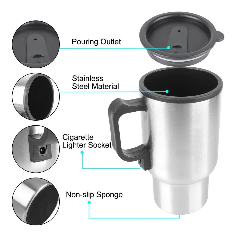 12V Electric Car Kettle – 450ml Stainless Steel, Fast Heating for Coffee, Tea on the Go!