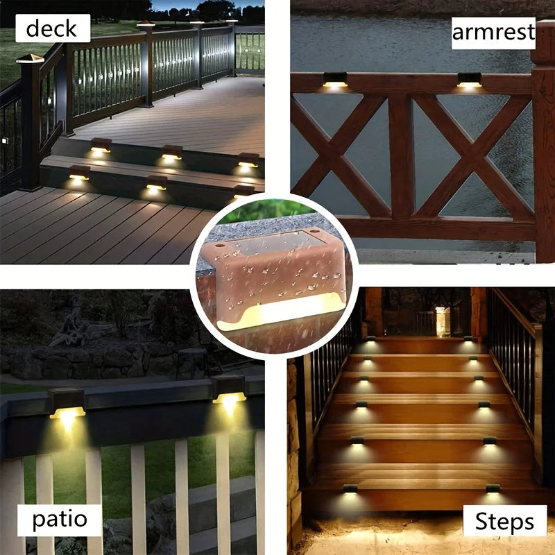 4-Pack LED Solar Stair Lights – Waterproof, Energy-efficient lights for outdoor steps, gardens, and terraces. Easy to install, perfect for adding a warm glow to pathways and borders!