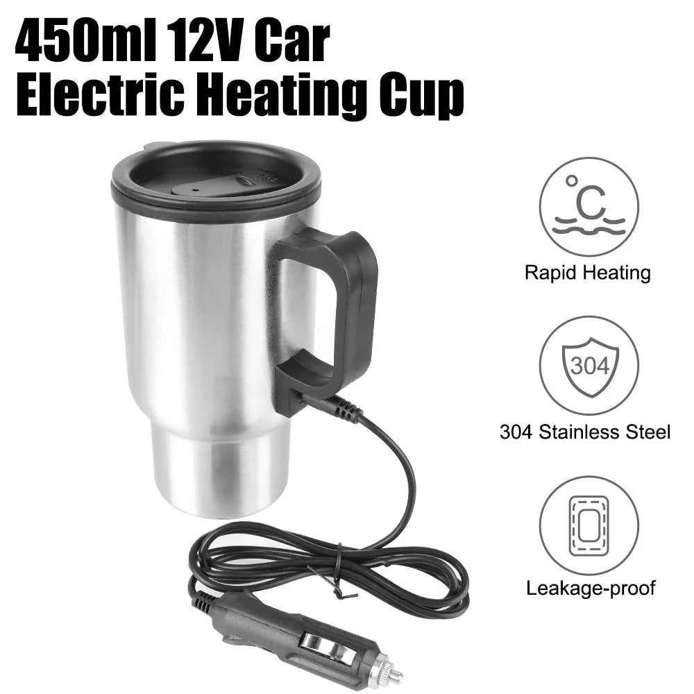 12V Electric Car Kettle – 450ml Stainless Steel, Fast Heating for Coffee, Tea on the Go!